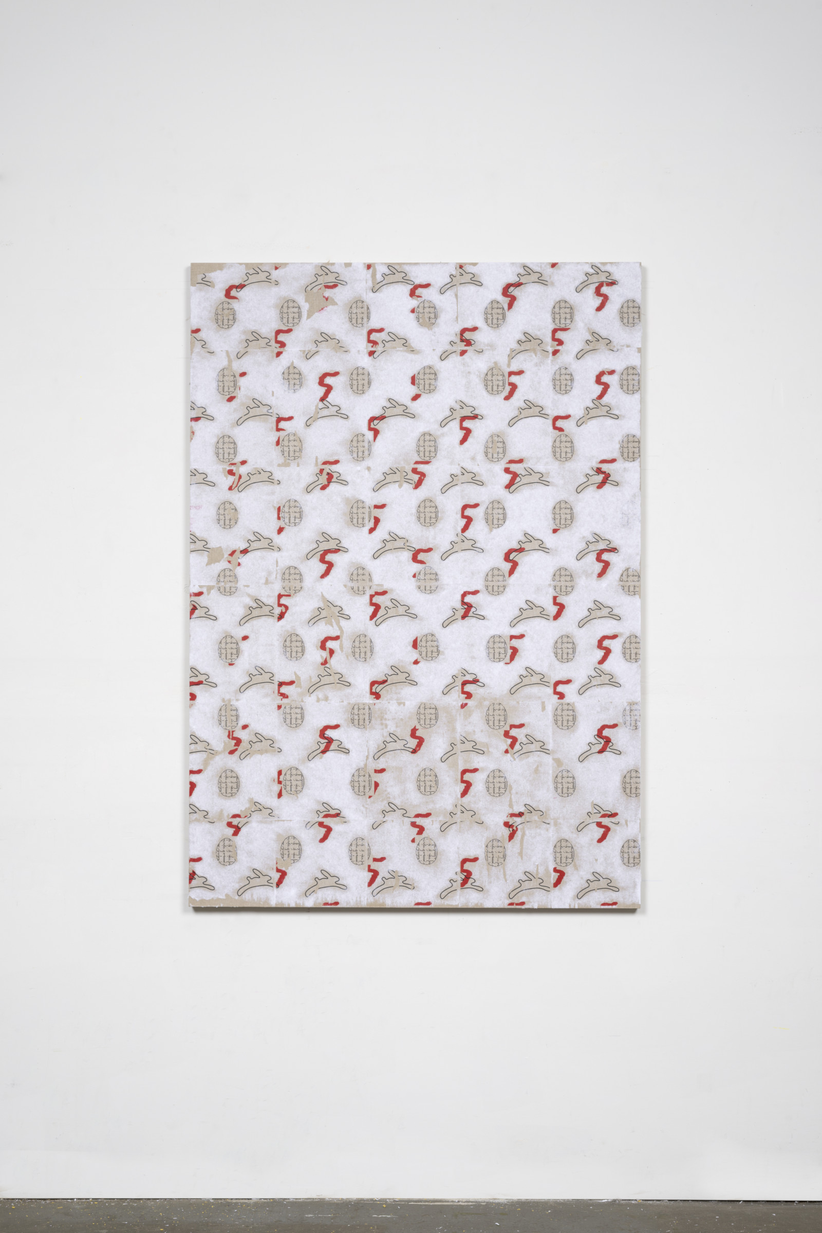 A painting constisting of layered patterns of icons including a red squiggle like a reversed question mark, a black line drawing of a rabbit, and an egg filled in like a maze