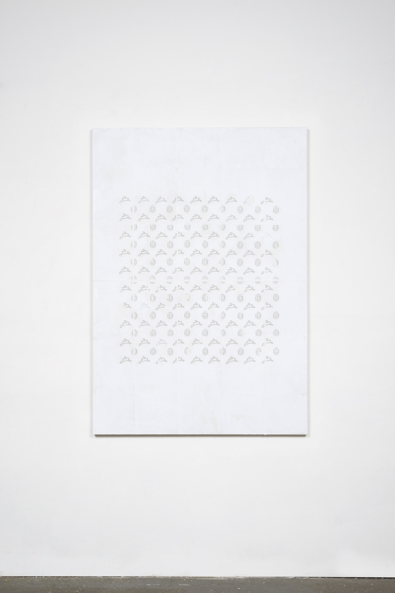A painting with a washy white ground and a square-constrained, pattern consisting of a black line drawing of a rabbit and an egg filled in like a maze