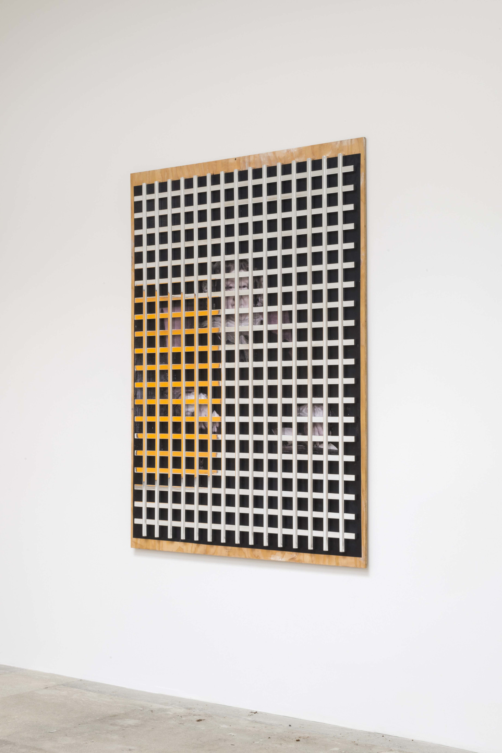 A layered work on a wall: a plywood base, with a pasted portrait of the widow Madame Clicquot. Over the portrait is a tight grid or lattice of polished stainless steel bar stock